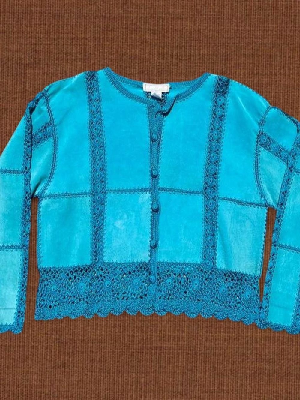 Vintage Turquoise Suede & Crochet Cardigan Jacket